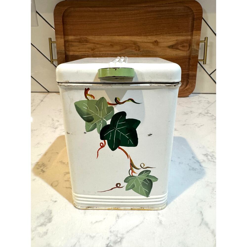 vintage Kreamer white enameled metal canister hand-painted green ivy vine